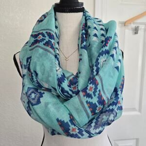 Women's Aztec Tribal Print Infinity Scarf Blue Teal Lightweight Cozy Soft layer